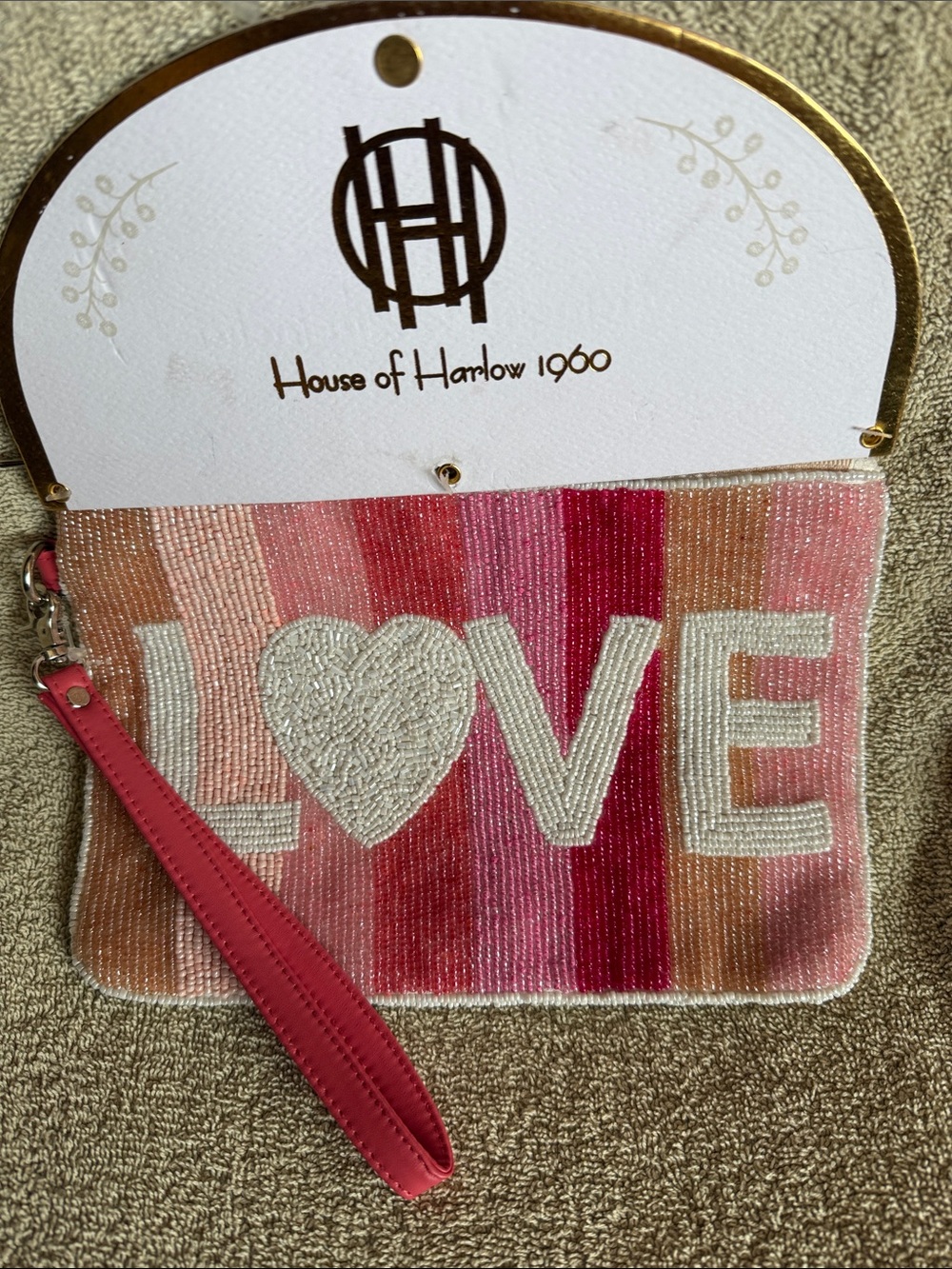 House of Harlow 1960 Pink Red Peach Striped Beaded Wristlet